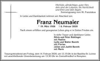 Traueranzeige von Franz Neumaier von Allgäuer Zeitung,Kempten