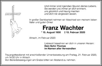 Traueranzeige von Franz Wachter von Memminger Zeitung