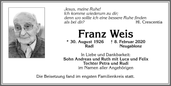 Traueranzeige von Franz Weis von Allgäuer Zeitung, Kaufbeuren/Buchloe