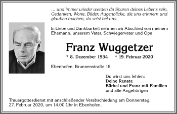 Traueranzeige von Franz Wuggetzer von Allgäuer Zeitung