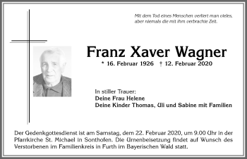Traueranzeige von Franz Xaver Wagner von Allgäuer Anzeigeblatt