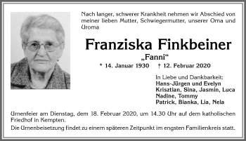 Traueranzeige von Franziska Finkbeiner von Allgäuer Zeitung,Kempten