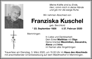 Traueranzeige von Franziska Kuschel von Memminger Zeitung