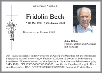Traueranzeige von Fridolin Beck von Allgäuer Anzeigeblatt
