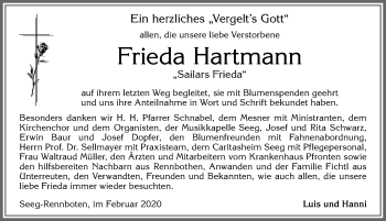 Traueranzeige von Frieda Hartmann von Allgäuer Zeitung, Füssen