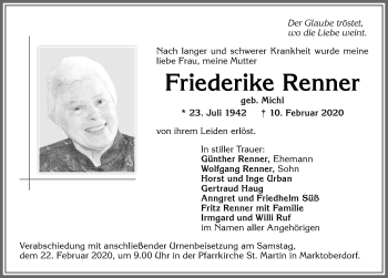 Traueranzeige von Friederike Renner von Allgäuer Zeitung, Marktoberdorf