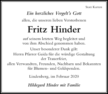Traueranzeige von Fritz Hinder von Der Westallgäuer