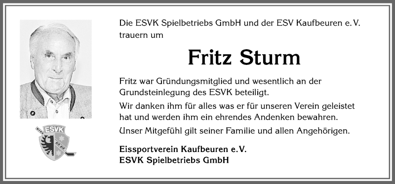  Traueranzeige für Fritz Sturm vom 15.02.2020 aus Allgäuer Zeitung, Kaufbeuren/Buchloe