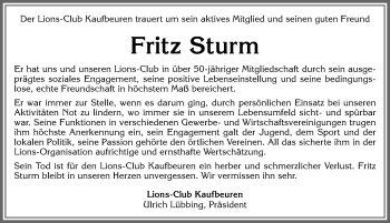 Traueranzeige von Fritz Sturm von Allgäuer Zeitung, Kaufbeuren/Buchloe