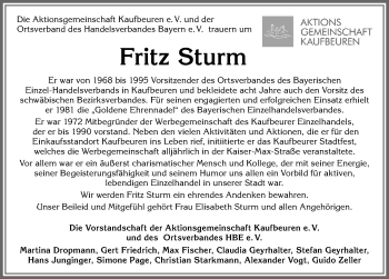 Traueranzeige von Fritz Sturm von Allgäuer Zeitung, Kaufbeuren/Buchloe