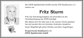 Traueranzeige von Fritz Sturm von Allgäuer Zeitung, Kaufbeuren/Buchloe
