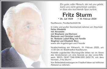 Traueranzeige von Fritz Sturm von Allgäuer Zeitung, Kaufbeuren/Buchloe