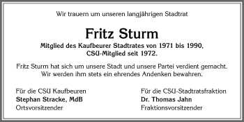 Traueranzeige von Fritz Sturm von Allgäuer Zeitung, Kaufbeuren/Buchloe