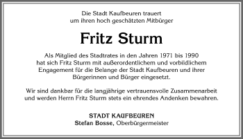 Traueranzeige von Fritz Sturm von Allgäuer Zeitung, Kaufbeuren/Buchloe
