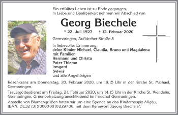 Traueranzeige von Georg Biechele von Allgäuer Zeitung, Kaufbeuren/Buchloe