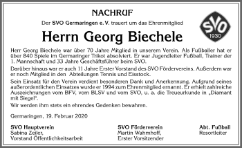 Traueranzeige von Georg Biechele von Allgäuer Zeitung, Kaufbeuren/Buchloe