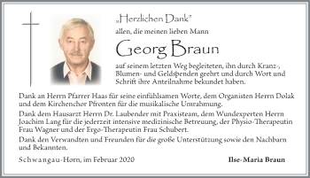Traueranzeige von Georg Braun von Allgäuer Zeitung, Füssen
