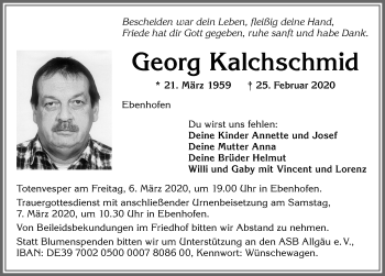 Traueranzeige von Georg Kalchschmid von Allgäuer Zeitung
