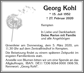 Traueranzeige von Georg Kohl von Allgäuer Zeitung,Kempten