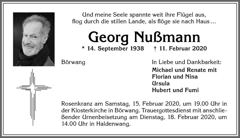  Traueranzeige für Georg Nußmann vom 14.02.2020 aus Allgäuer Zeitung,Kempten