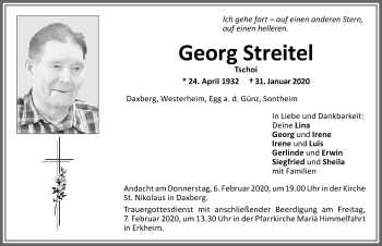 Traueranzeige von Georg Streitel von Memminger Zeitung