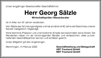 Traueranzeige von Georg Sälzle von Memminger Zeitung