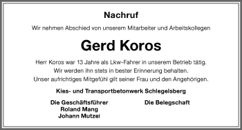 Traueranzeige von Gerd Koros von Memminger Zeitung