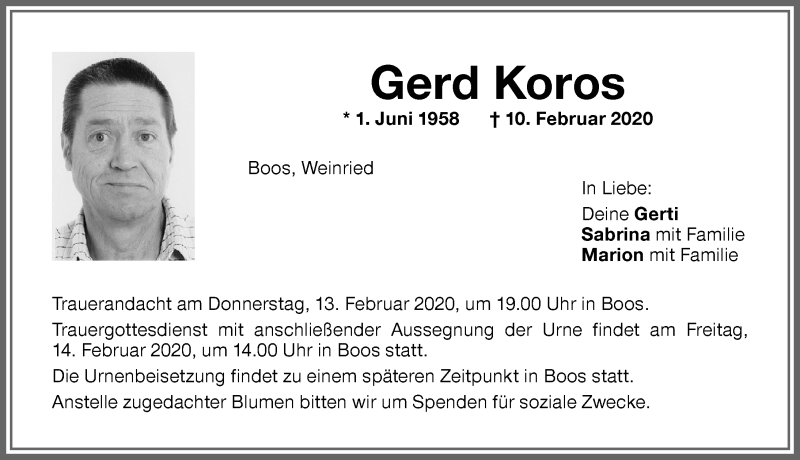  Traueranzeige für Gerd Koros vom 12.02.2020 aus Allgäuer Zeitung