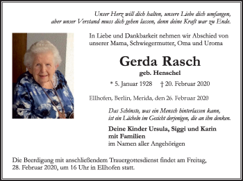 Traueranzeige von Gerda Rasch von Der Westallgäuer