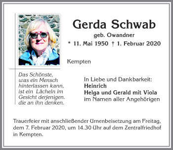 Traueranzeige von Gerda Schwab von Allgäuer Zeitung,Kempten