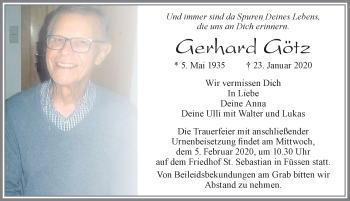 Traueranzeige von Gerhard Götz von Allgäuer Zeitung, Füssen