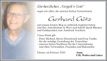 Traueranzeige von Gerhard Götz von Allgäuer Zeitung, Füssen