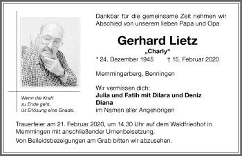 Traueranzeige von Gerhard Lietz von Memminger Zeitung