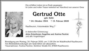 Traueranzeige von Gertrud Otte von Allgäuer Zeitung, Kaufbeuren/Buchloe