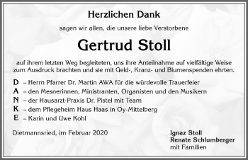 Traueranzeige von Gertrud Stoll von Allgäuer Zeitung,Kempten