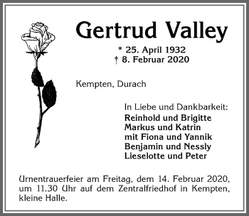 Traueranzeige von Gertrud Valley von Allgäuer Zeitung,Kempten