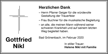 Traueranzeige von Gottfried Nikl von Memminger Zeitung