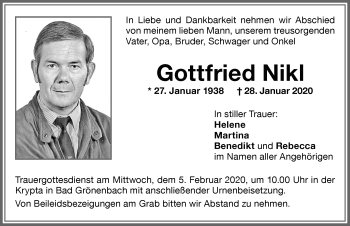 Traueranzeige von Gottfried Nikl von Memminger Zeitung