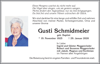 Traueranzeige von Gusti Schmidmeier von Allgäuer Zeitung,Kempten
