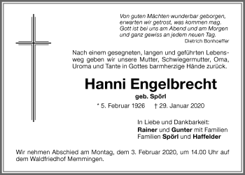 Traueranzeige von Hanni Engelbrecht von Memminger Zeitung