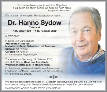 Traueranzeige von Hanno Sydow von Memminger Zeitung