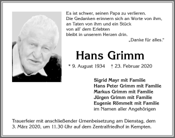 Traueranzeige von Hans Grimm von Allgäuer Zeitung,Kempten