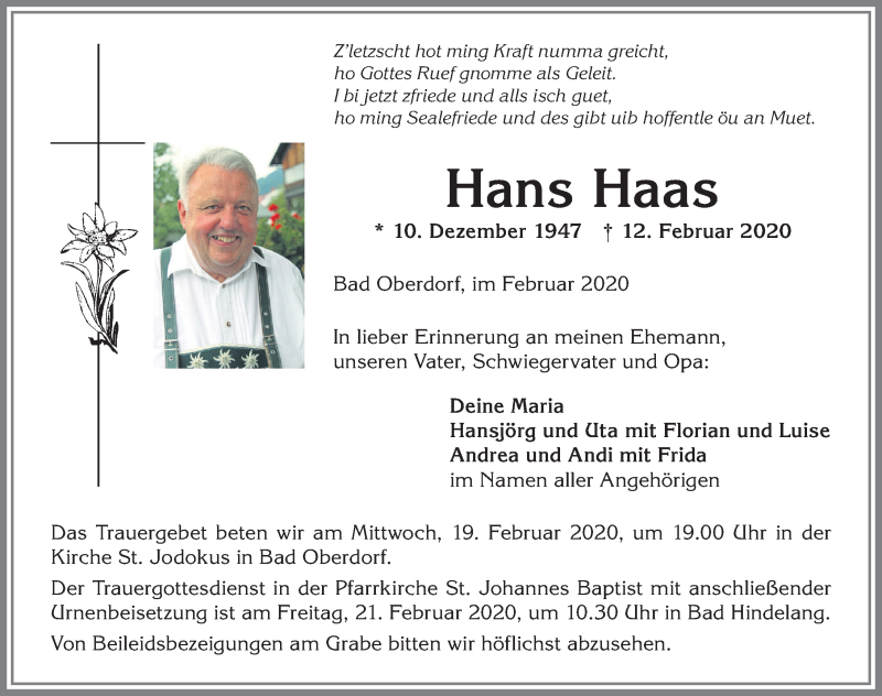  Traueranzeige für Hans Haas vom 18.02.2020 aus Allgäuer Anzeigeblatt