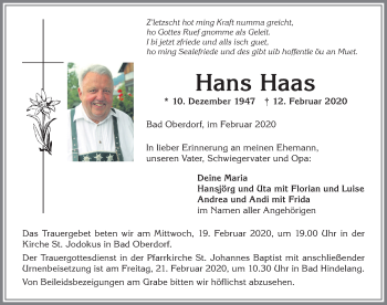 Traueranzeige von Hans Haas von Allgäuer Anzeigeblatt