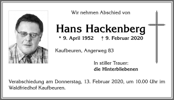 Traueranzeige von Hans Hackenberg von Allgäuer Zeitung, Kaufbeuren/Buchloe
