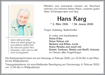 Traueranzeige von Hans Karg von Allgäuer Zeitung,Kempten