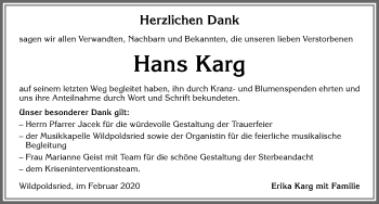 Traueranzeige von Hans Karg von Allgäuer Zeitung,Kempten