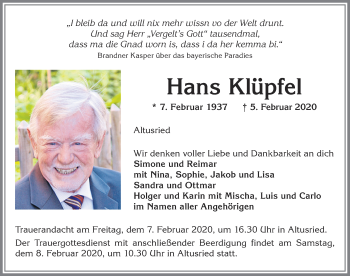 Traueranzeige von Hans Klüpfel von Allgäuer Zeitung, Gesamtausgabe