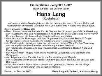 Traueranzeige von Hans Lang von Allgäuer Zeitung, Kaufbeuren/Buchloe