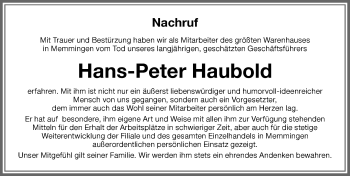 Traueranzeige von Hans-Peter Haubold von Memminger Zeitung